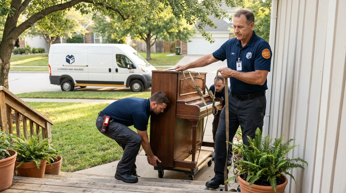 Licensed piano movers securing grand piano in Lennox, SD