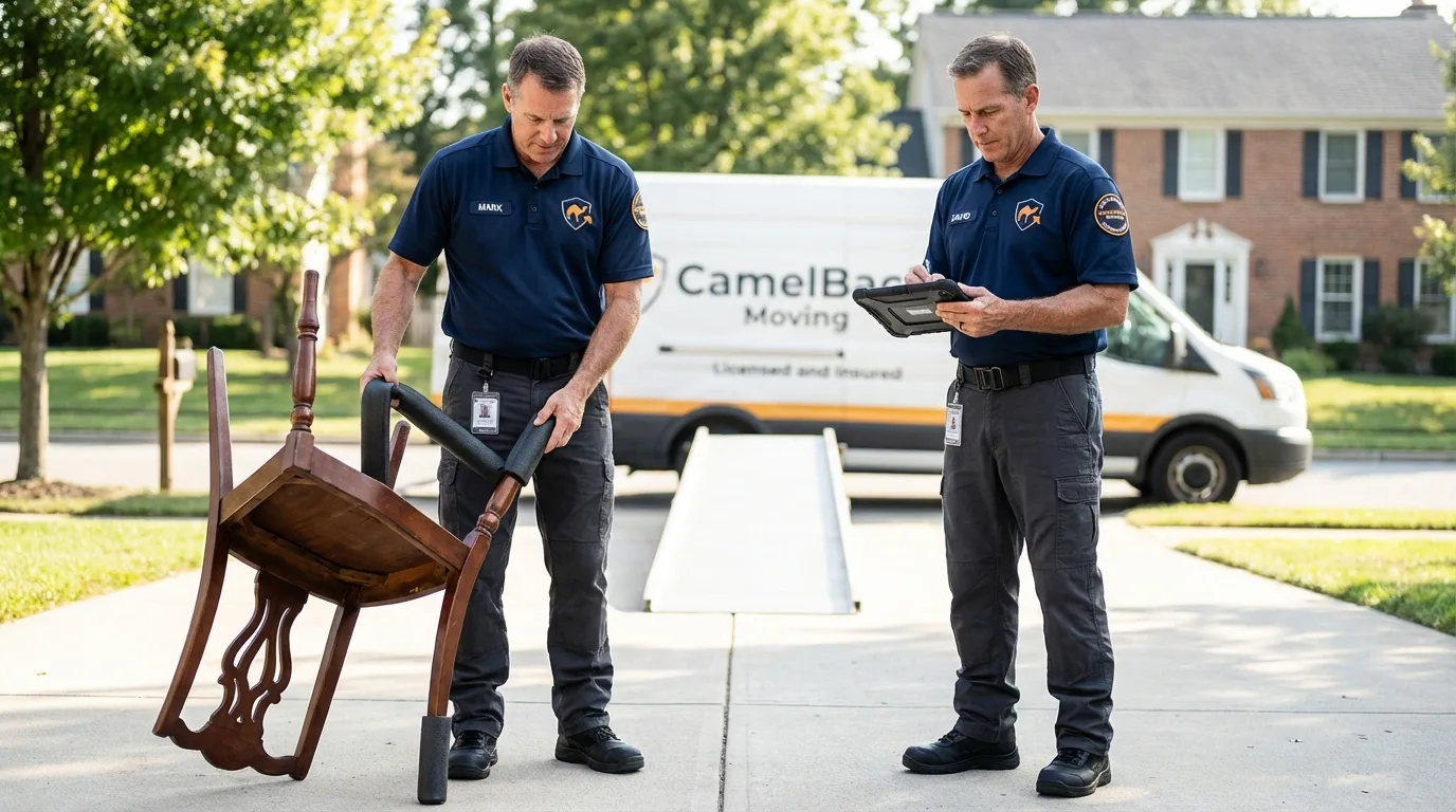 Movers inspecting furniture for damage prevention before loading in Lennox, SD